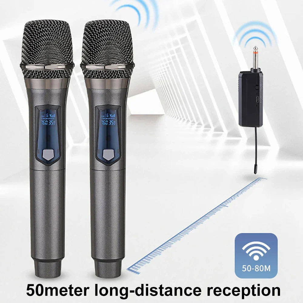 Two sleek dark gray handheld microphone rechargeable with mesh grilles and digital displays for karaoke live wedding party