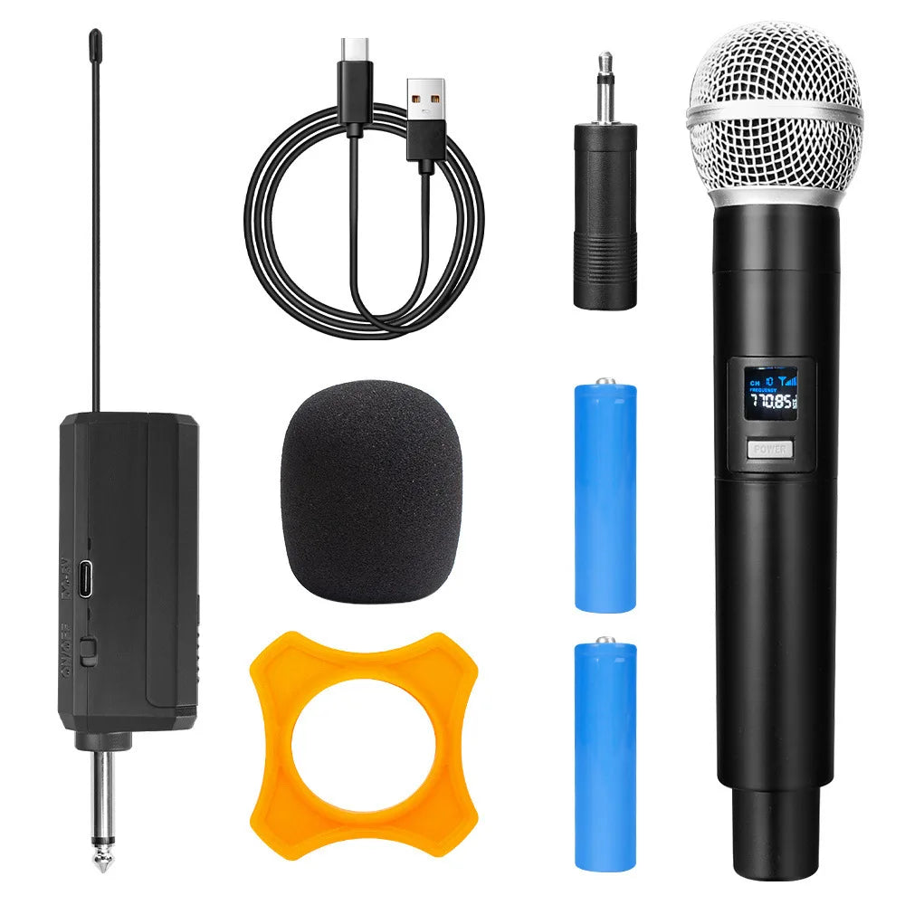 Black wireless microphone dynamic with silver mesh grille and digital display for handheld microphones karaoke wedding party church