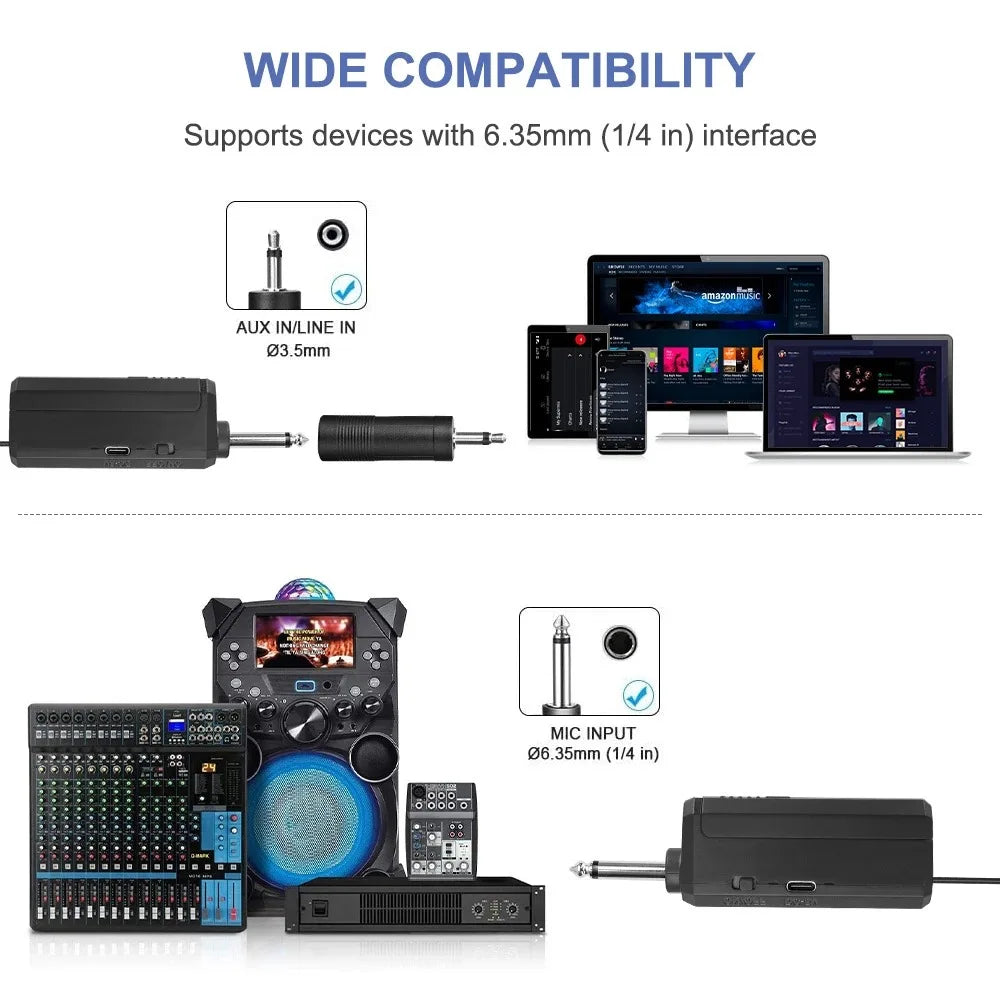 Black compact audio adapter with 6.35mm interface for wireless microphone dynamic handheld microphones karaoke use at wedding party church