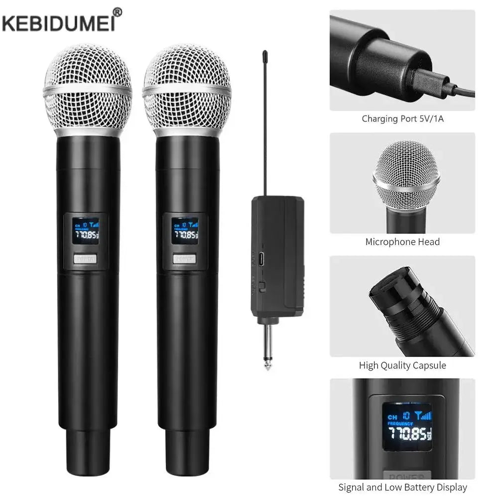 Black wireless microphone dynamic handheld microphones karaoke with silver mesh grille and digital display for wedding party church