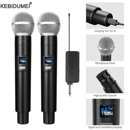 Black wireless microphone dynamic handheld microphones karaoke with silver mesh grille and digital display for wedding party church