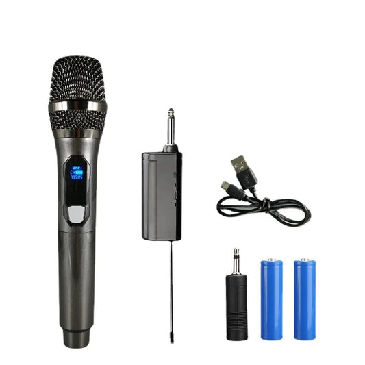 Black wireless microphone with metallic grille and digital display featuring rechargeable lithium battery for karaoke party home meeting church school use