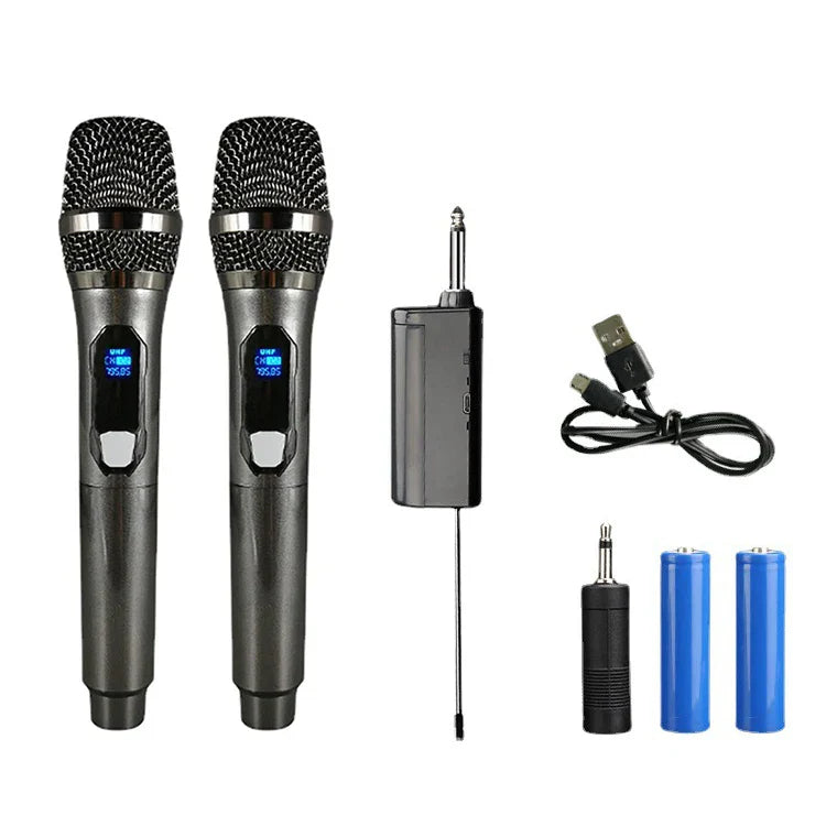 Two sleek black wireless microphones with silver mesh grilles and rechargeable lithium battery for karaoke party home meeting church school use