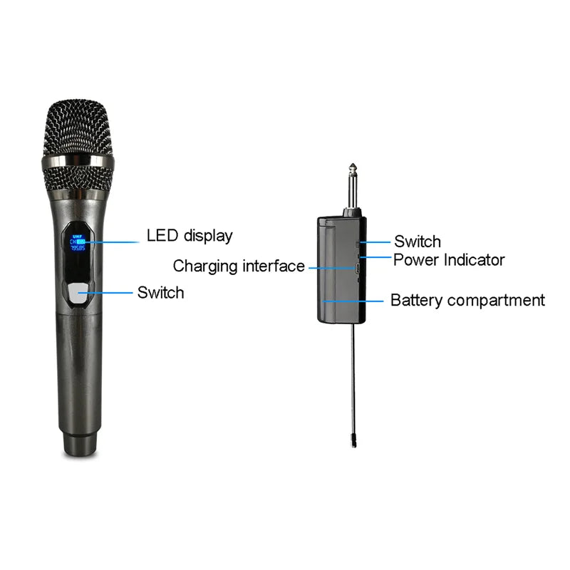 Black wireless handheld microphone with metallic grille and led display featuring rechargeable lithium battery for karaoke party home meeting church school use