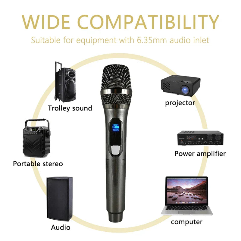 Black wireless microphone with metallic grille and digital display featuring rechargeable lithium battery for karaoke party home meeting church school use