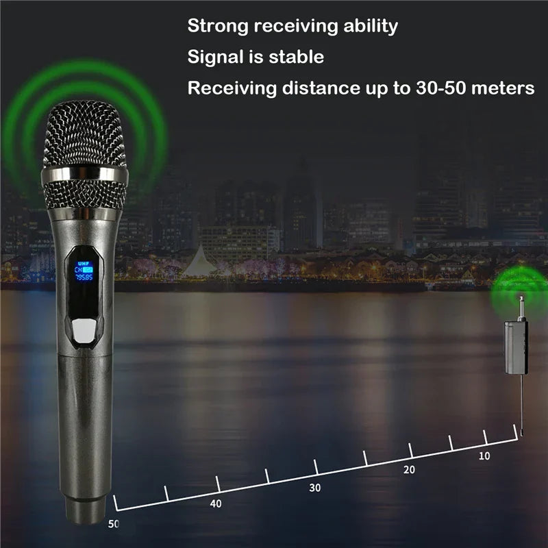 Silver wireless microphone with mesh grille and digital display featuring rechargeable lithium battery for karaoke party home meeting church school