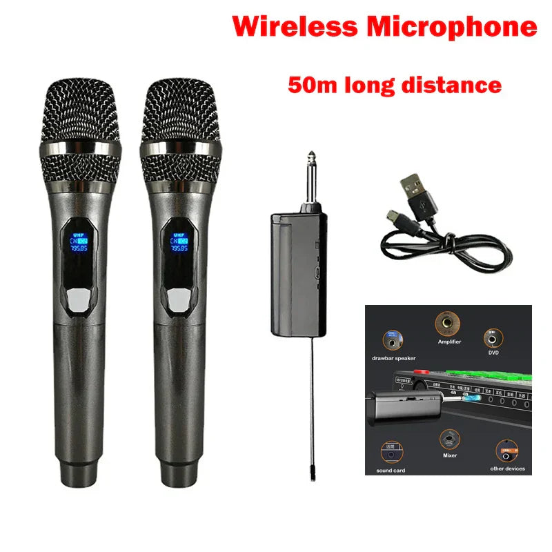 Two black wireless microphones with silver accents and blue digital displays for karaoke party home and meeting church school use with rechargeable lithium battery