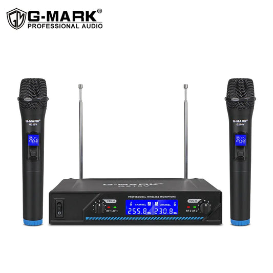 Black g-mark g210v professional wireless microphone system with two handheld karaoke mics and blue digital display receiver