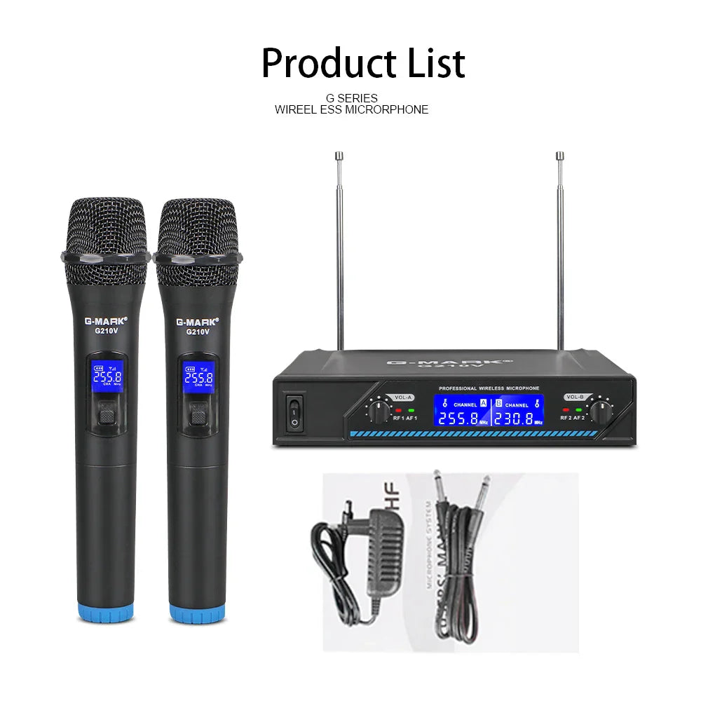 Black g-mark g210v professional wireless microphone system with blue accents digital displays for karaoke and events