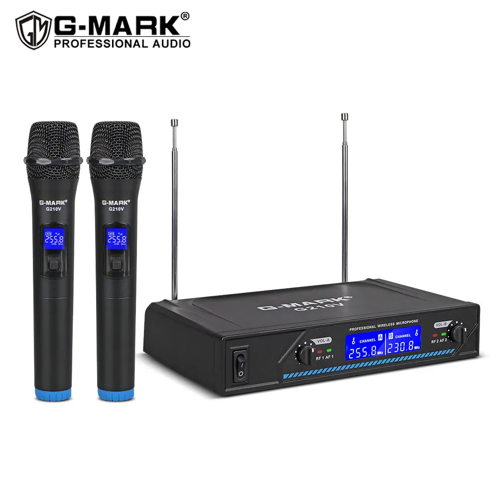 Black g-mark g210v professional wireless microphone system with two handheld karaoke mics and receiver with blue display