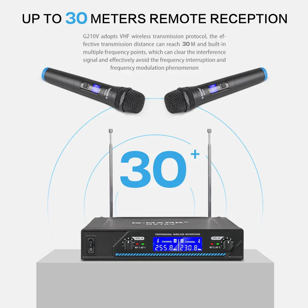 Black wireless microphone g-mark g210v professional system with blue accents and digital displays for karaoke channels handheld use