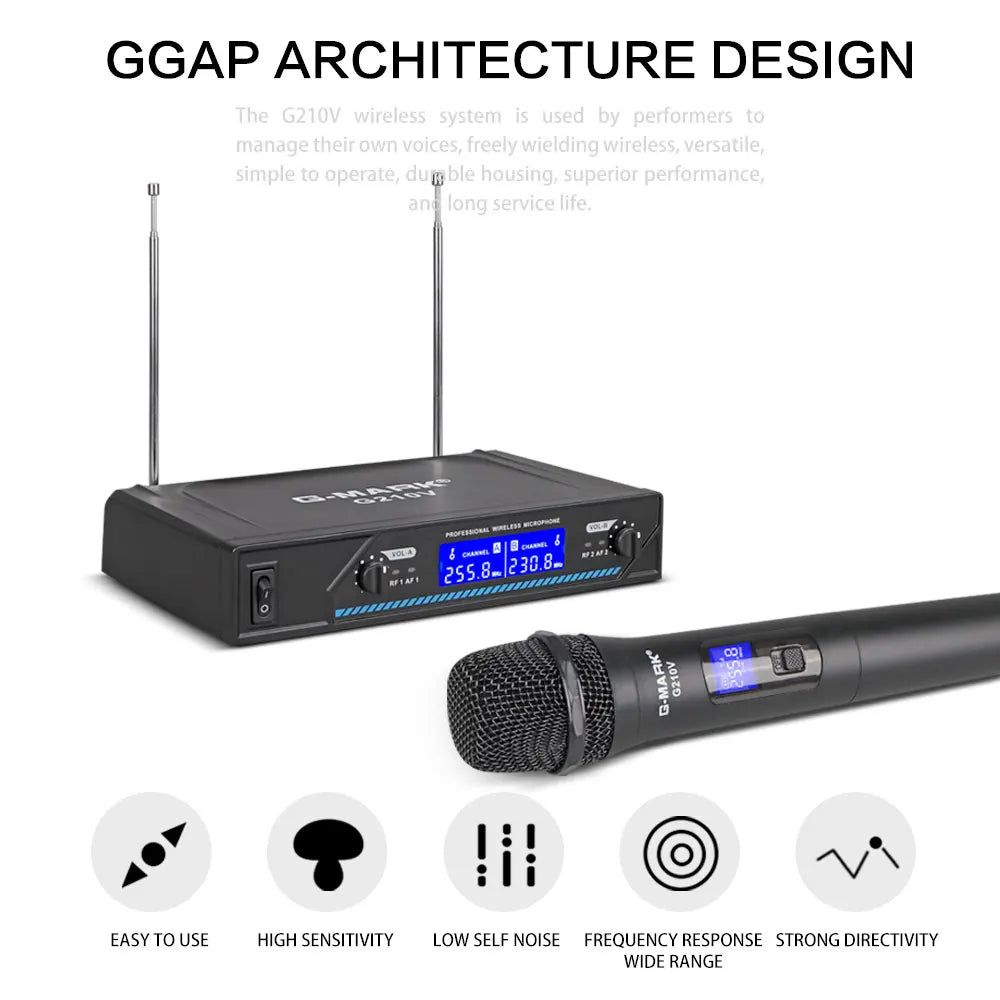 Black g-mark g210v professional wireless microphone system with sleek design and digital display for karaoke use
