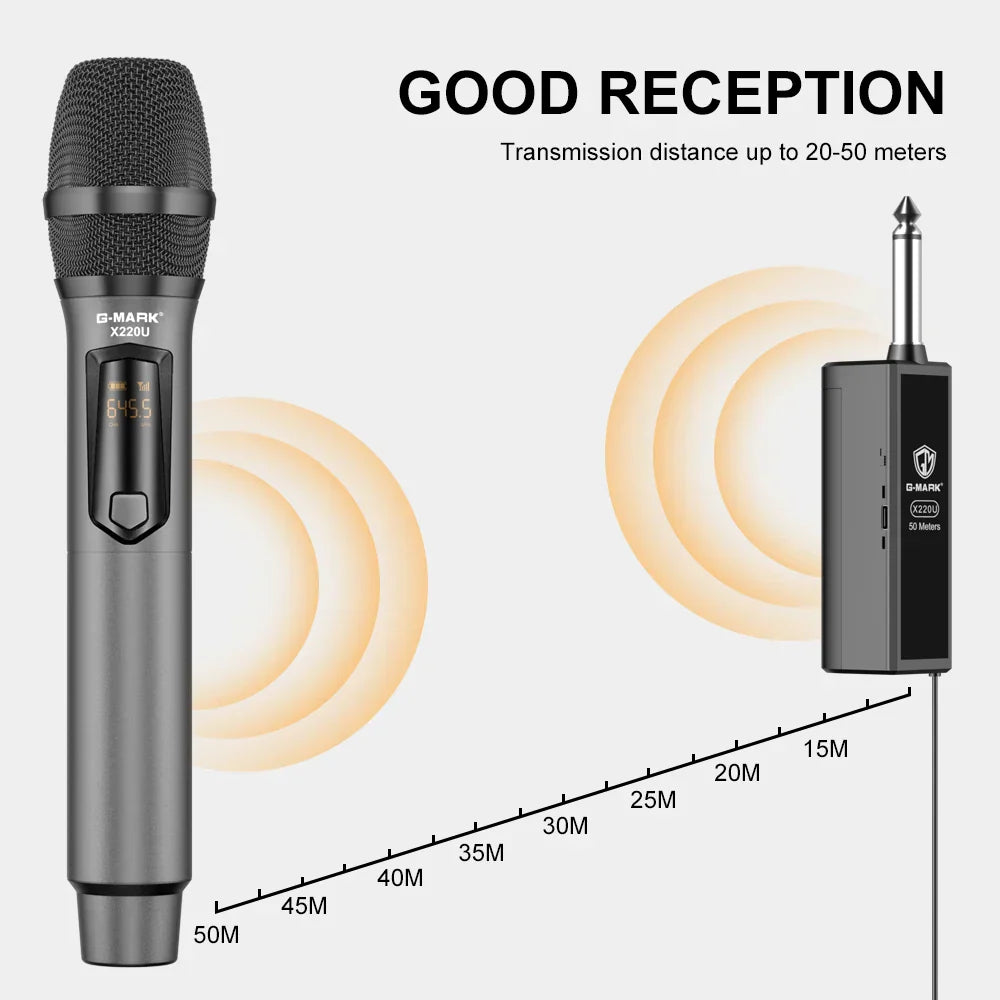 Black g-mark x220u uhf karaoke wireless microphone system with rechargeable lithium battery and matching receiver