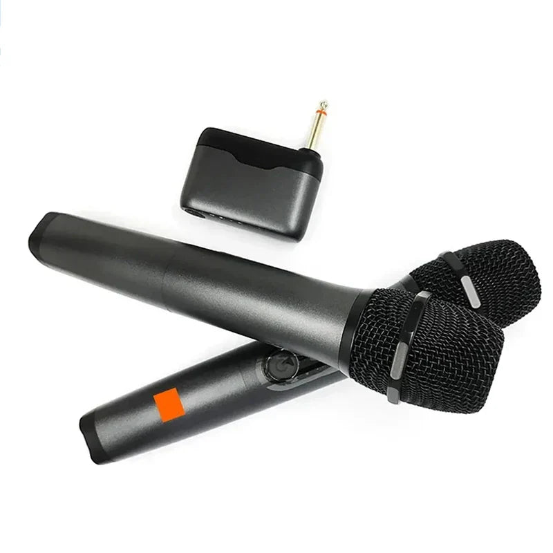 Black wireless handheld uhf recording universal microphones with orange accents and lithium battery receiver for party church speaker