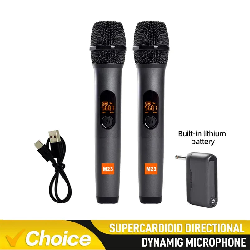 Black wireless handheld uhf recording universal microphones with mesh grilles and lithium battery receiver for party church speaker