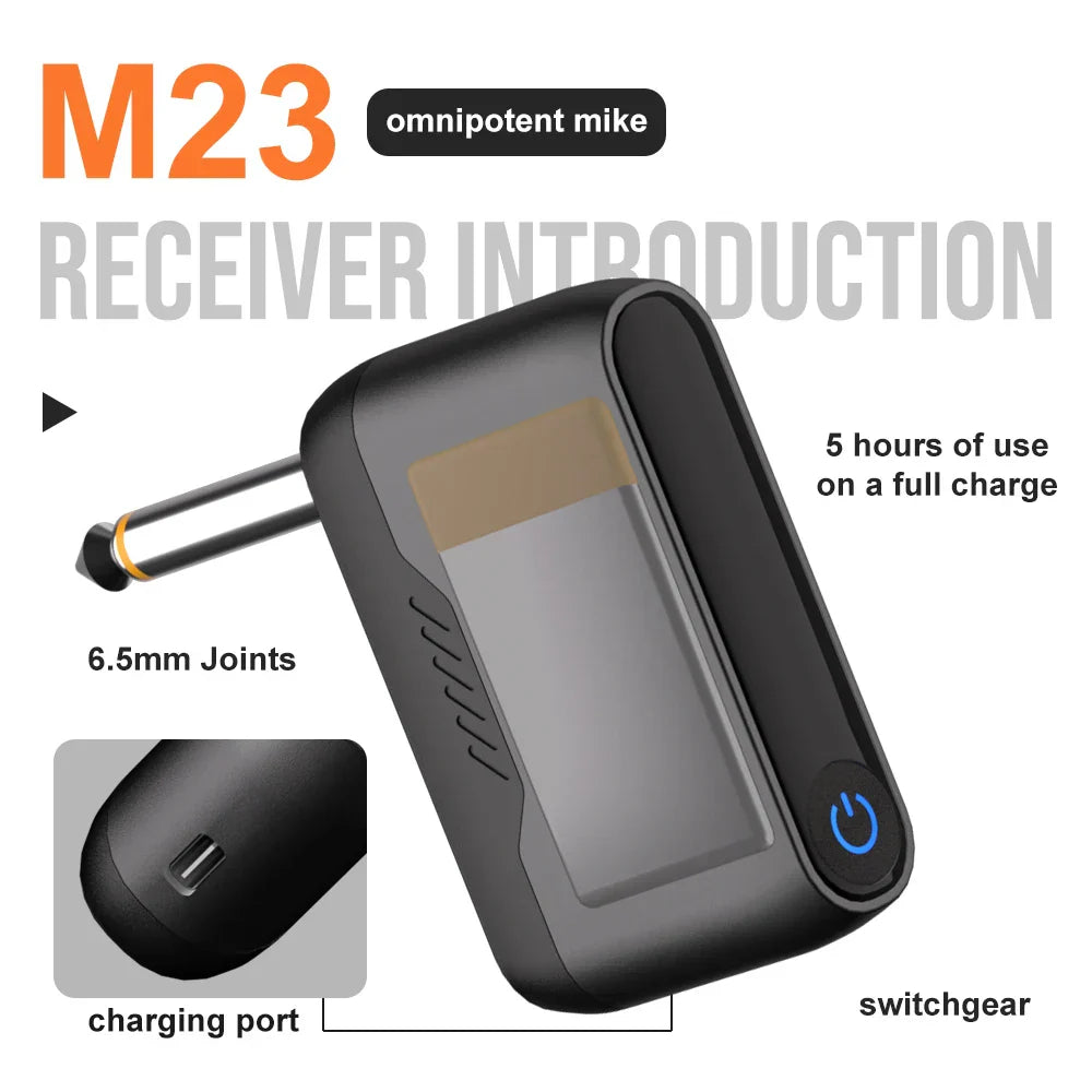 Black m23 omnipotent mike lithium battery receiver with sleek design and blue power button for party church speaker use