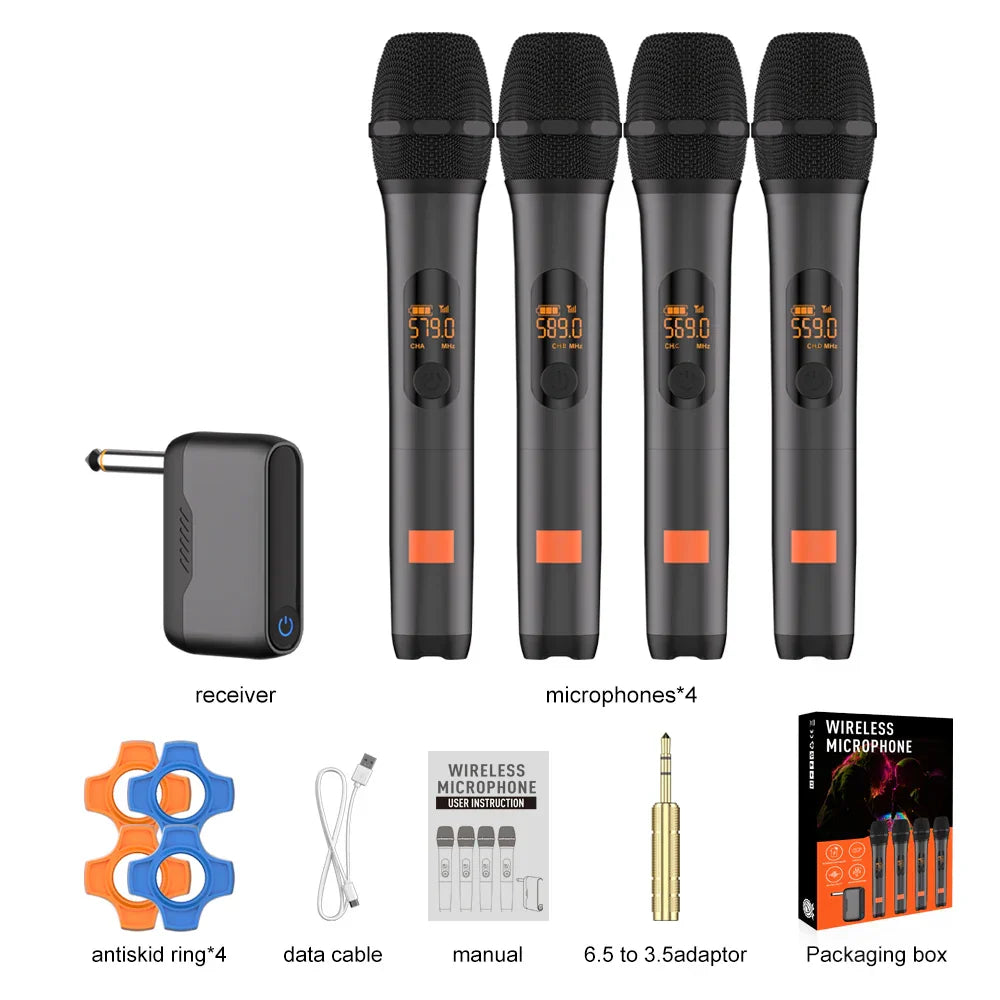 Set of four black uhf recording universal wireless microphones with lithium battery receiver for party church speaker