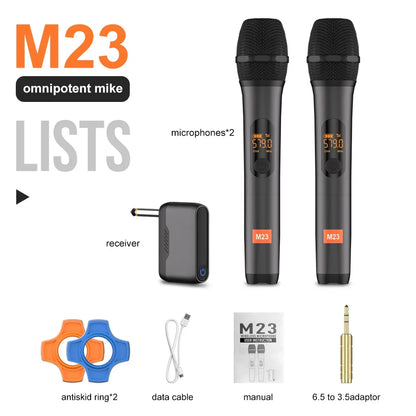 Black wireless microphone m23 with orange digital display and rechargeable receiver cordless for church party speaker use