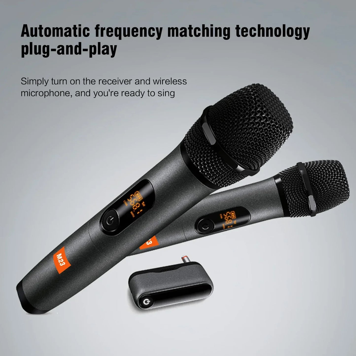 Black wireless microphone m23 uhf with mesh grille and digital display with compact rechargeable lithium battery receiver