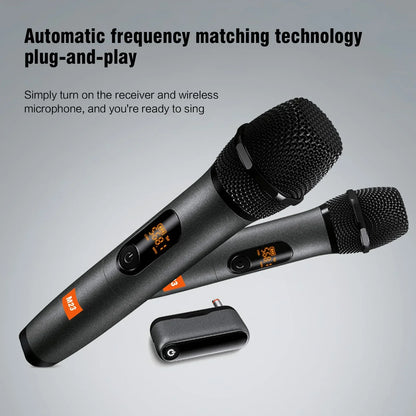 Black wireless microphone m23 uhf with mesh grille and digital display with compact rechargeable lithium battery receiver