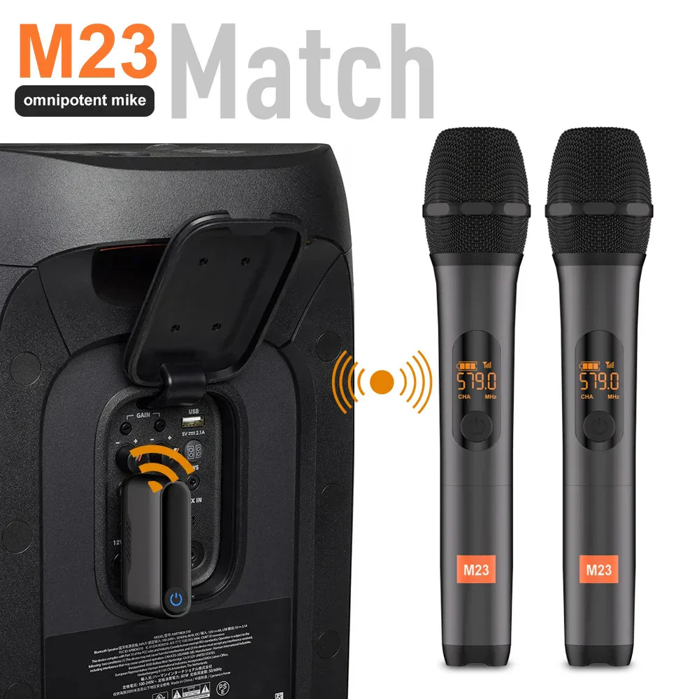 Black wireless microphone m23 uhf with orange digital display and rechargeable lithium battery for karaoke and recording