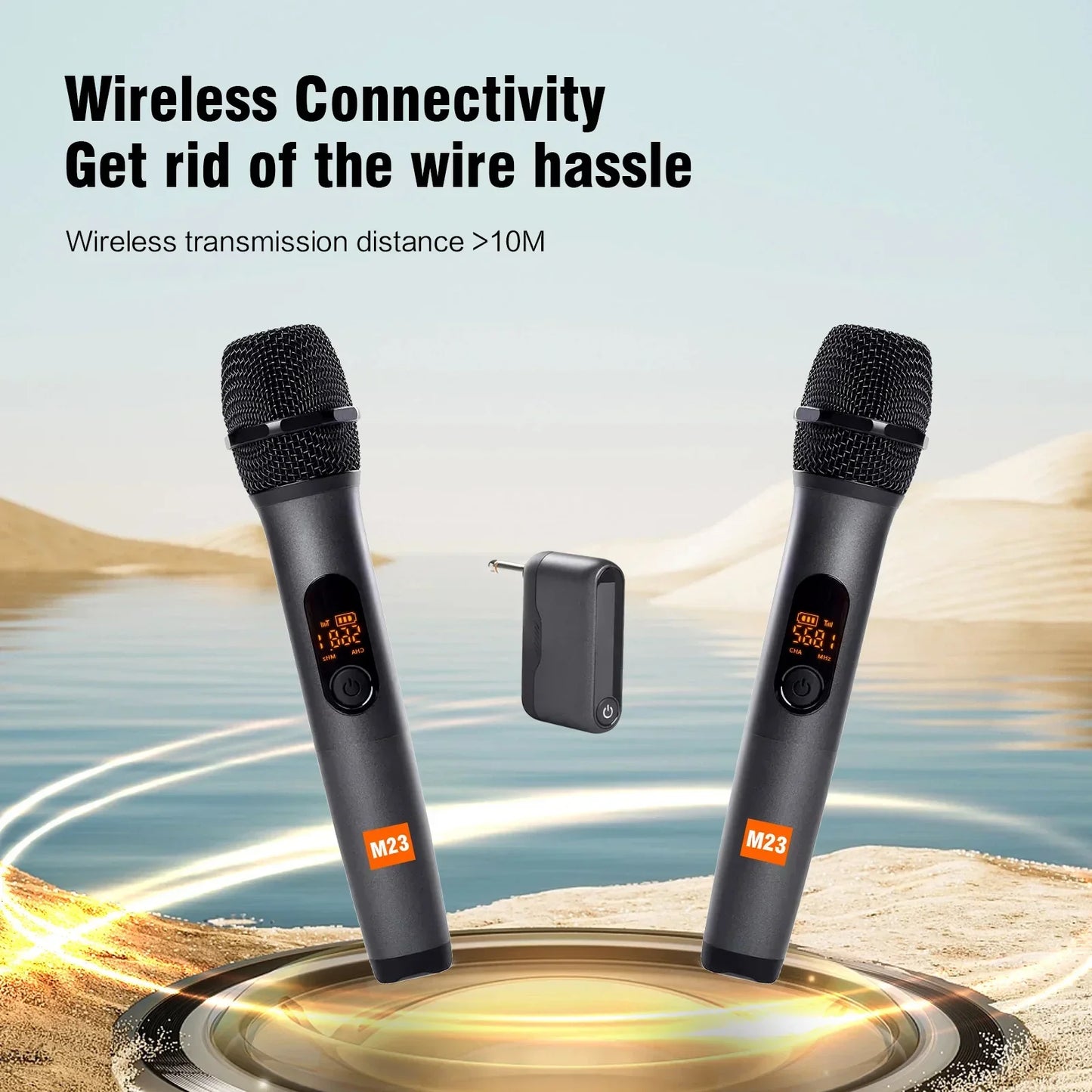 Black wireless microphone m23 uhf with orange digital display mesh grille and rechargeable lithium battery for karaoke