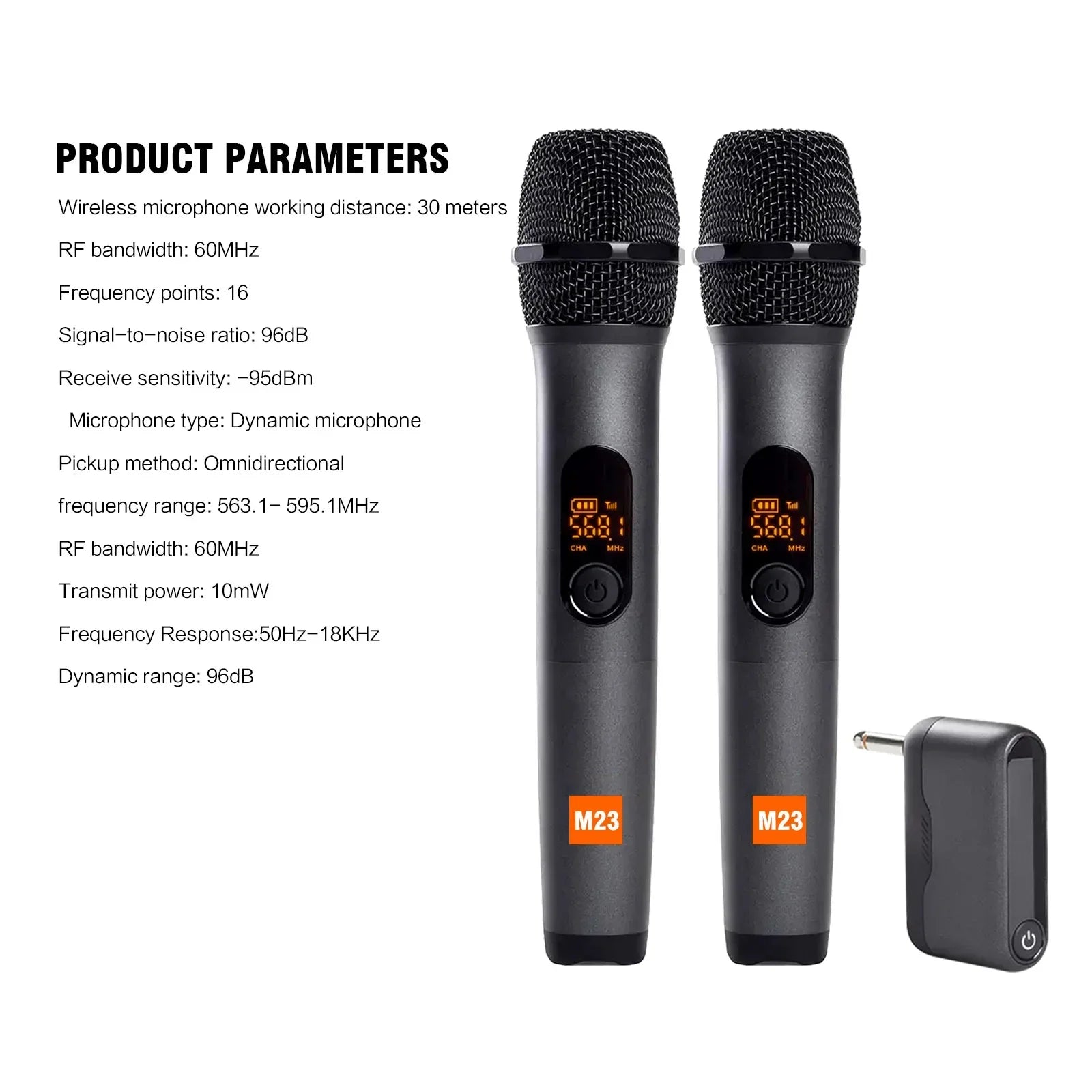 Black wireless microphone m23 uhf with mesh grille orange digital display and rechargeable lithium battery for karaoke use