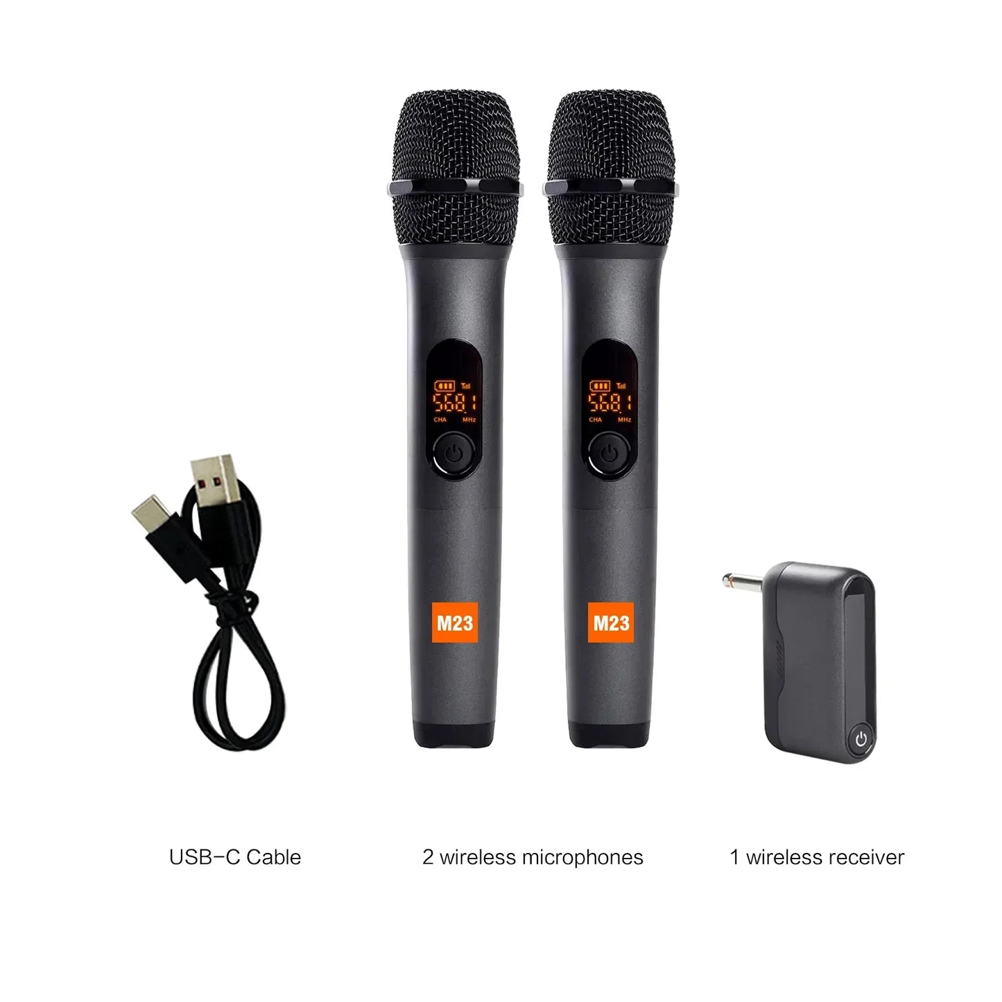 Black wireless microphone m23 with mesh grille and orange digital display featuring rechargeable lithium battery for universal karaoke mic use