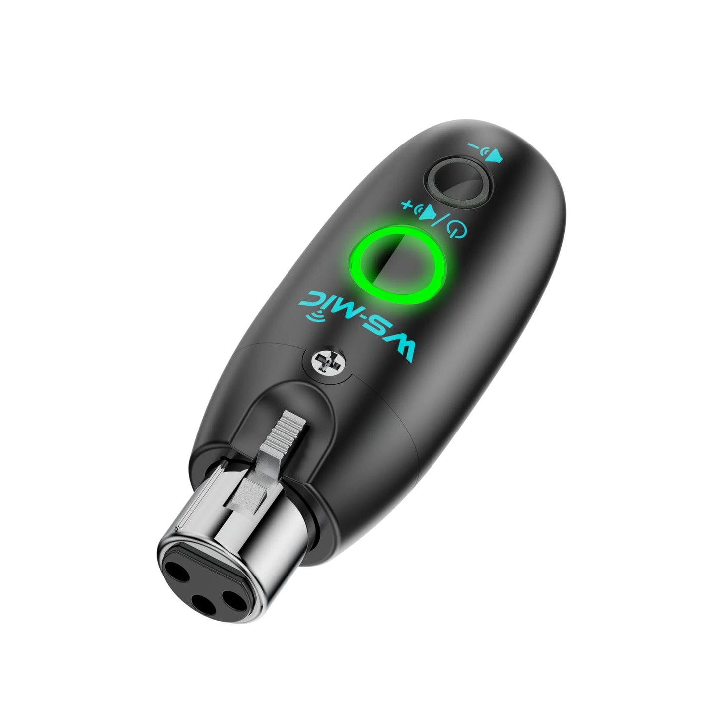 Black wireless microphone transmitter with glowing green power indicator and silver xlr connector for mobile karaoke use