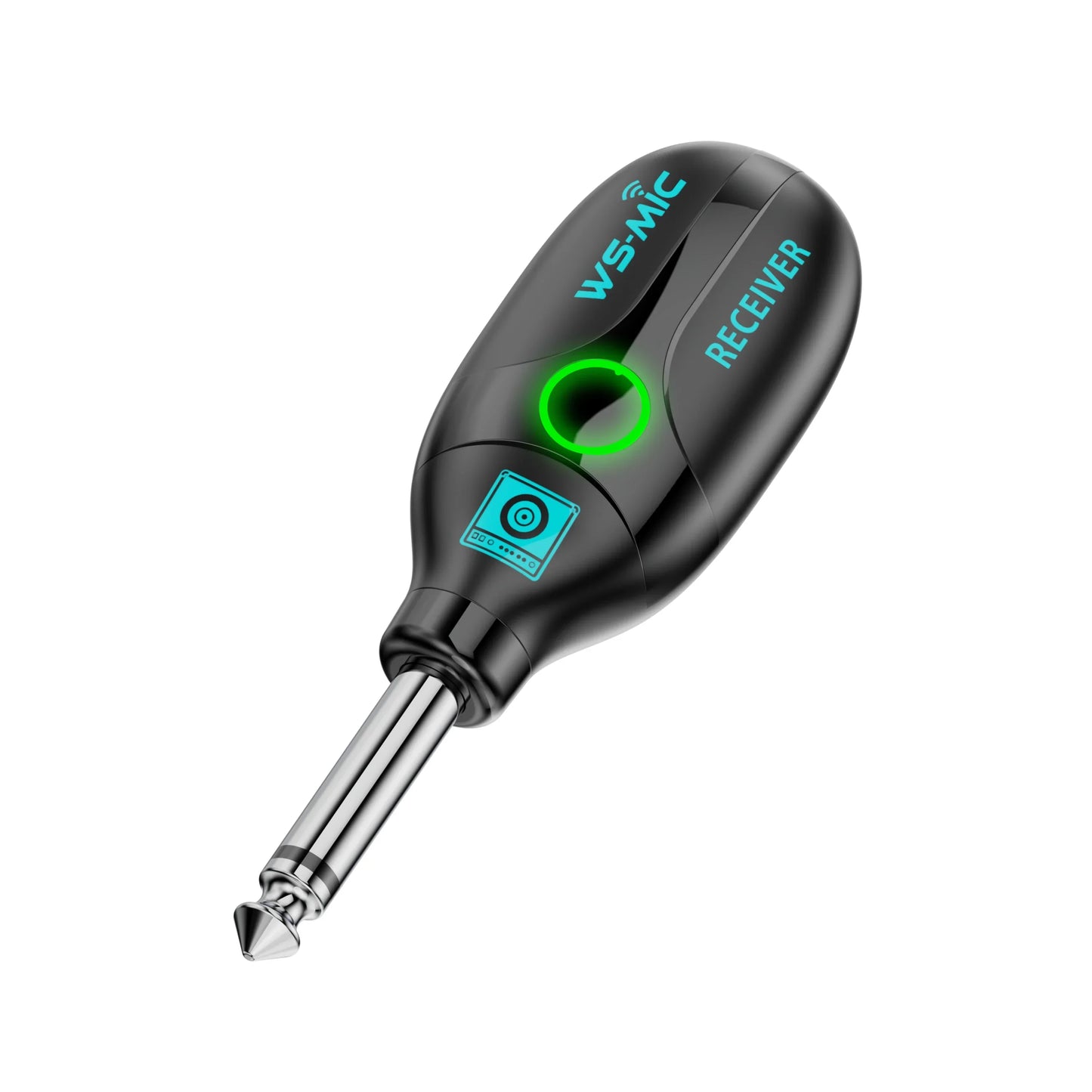 Black ws-mic wireless microphone receiver with glowing green power indicator and silver metal plug for mobile karaoke