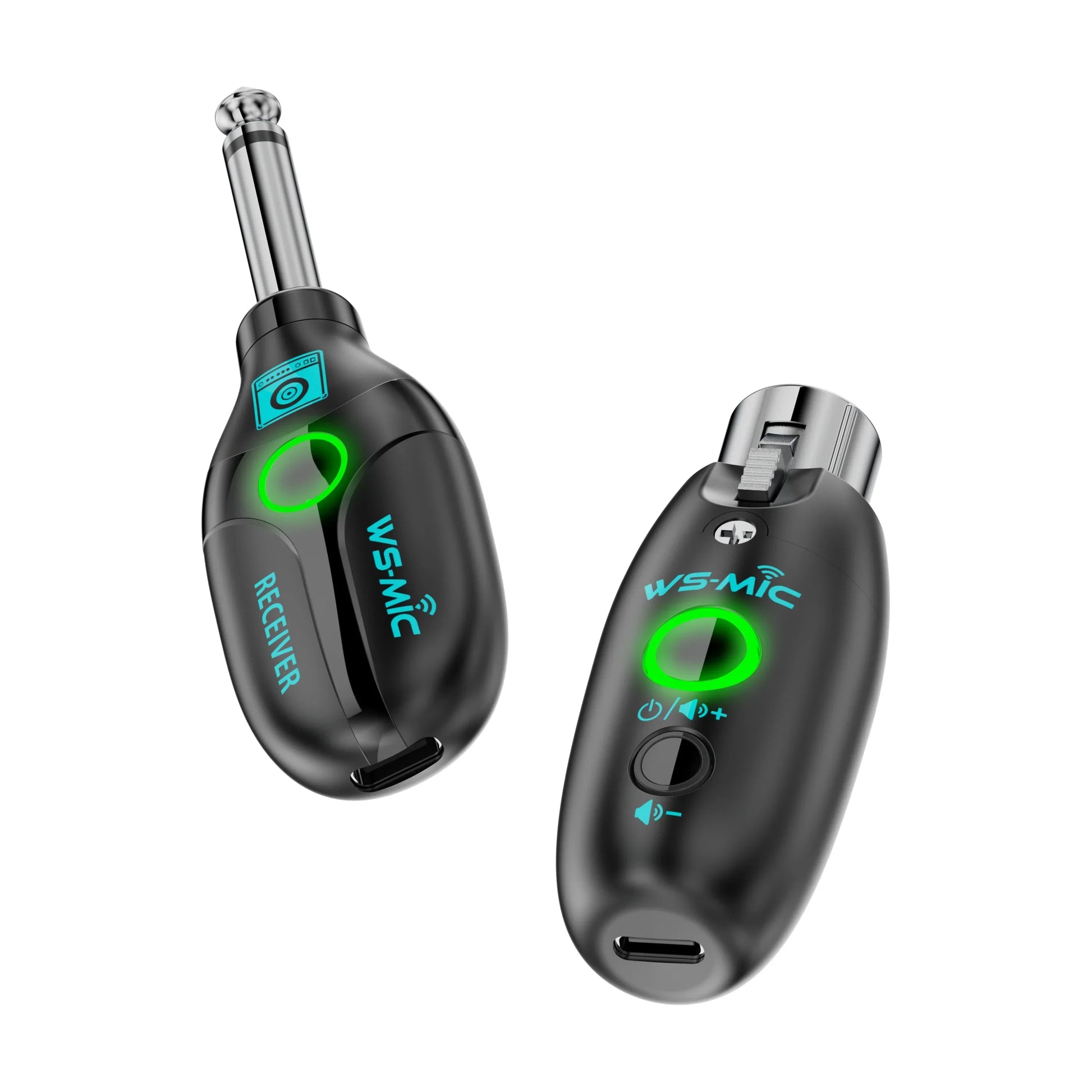Black ws-mic wireless microphone system with green buttons and metallic connectors for mobile karaoke at beat music store
