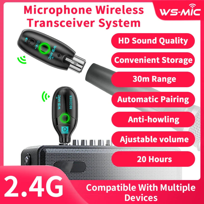 Black wireless microphone system with 2 transmitters and green led indicators for hd sound in mobile karaoke use