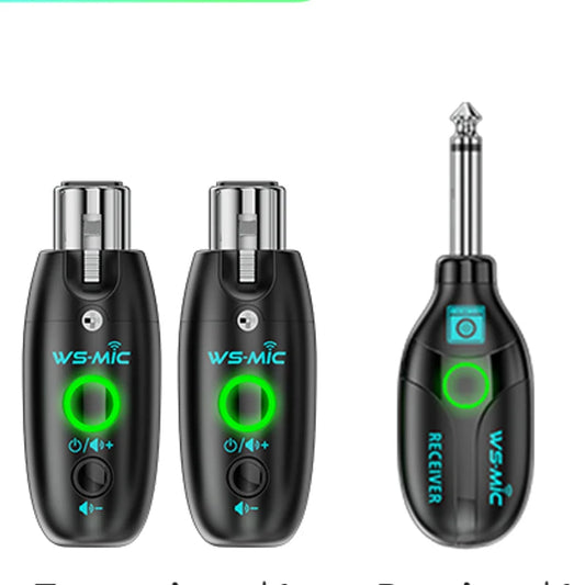 Black ws-mic wireless microphone system with green led indicators and metallic connectors for mobile karaoke and pc recording
