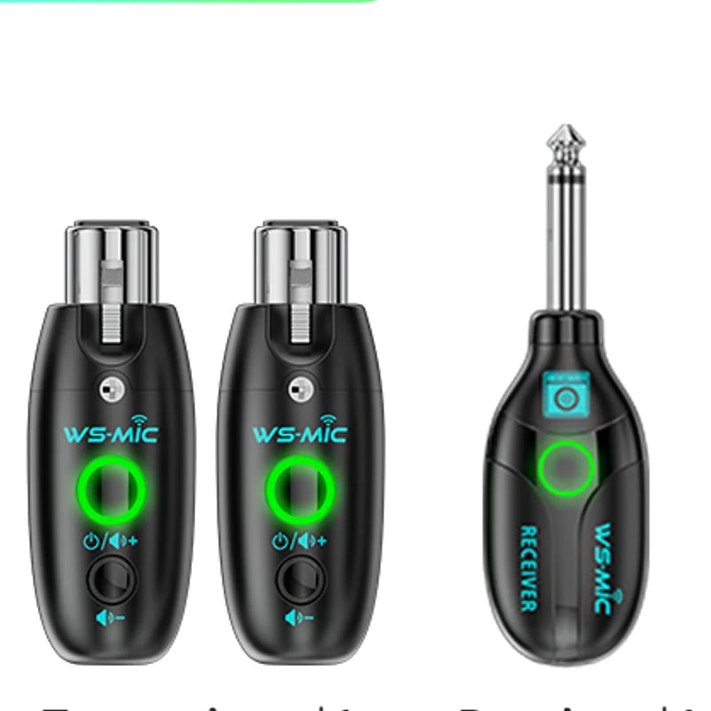 Black ws-mic wireless microphone system with green led indicators and metallic connectors for mobile karaoke at beat music store
