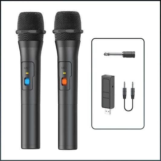 Black wireless microphone with mesh grille and colored buttons usb receiver handheld for karaoke microphone home use