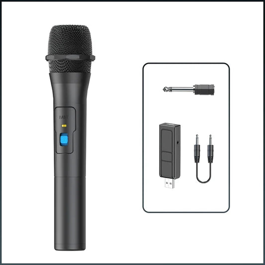 Black wireless microphone with textured grille and blue power button for receiver handheld karaoke and karaoke microphone home use