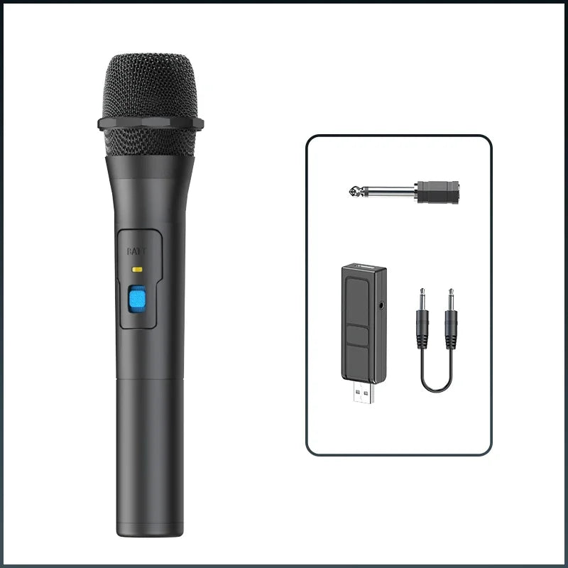 Black wireless handheld karaoke microphone with textured grille and blue power button for karaoke microphone home use