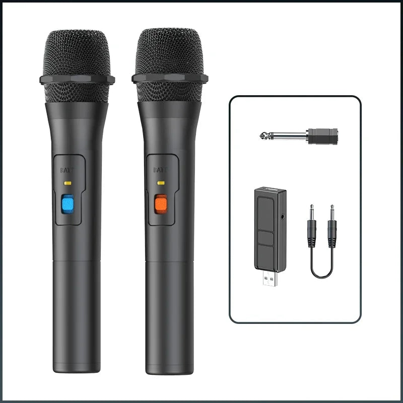 Black wireless microphone set with mesh grilles and blue and orange buttons for receiver handheld karaoke use at home