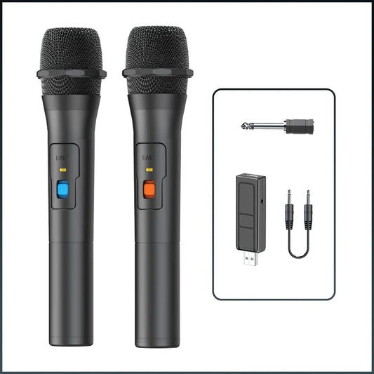 Black wireless handheld karaoke microphones with mesh grilles and colored buttons for karaoke microphone home use