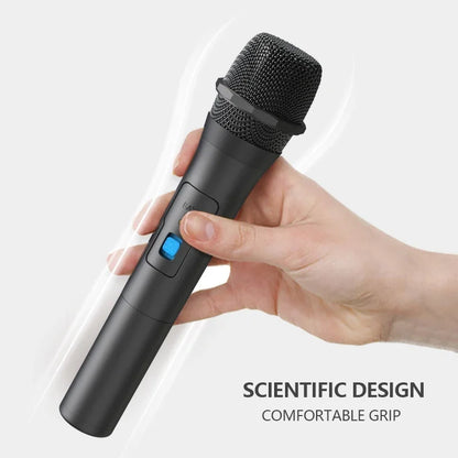 Black wireless microphone with textured grille and blue power button for receiver handheld karaoke and karaoke microphone home use