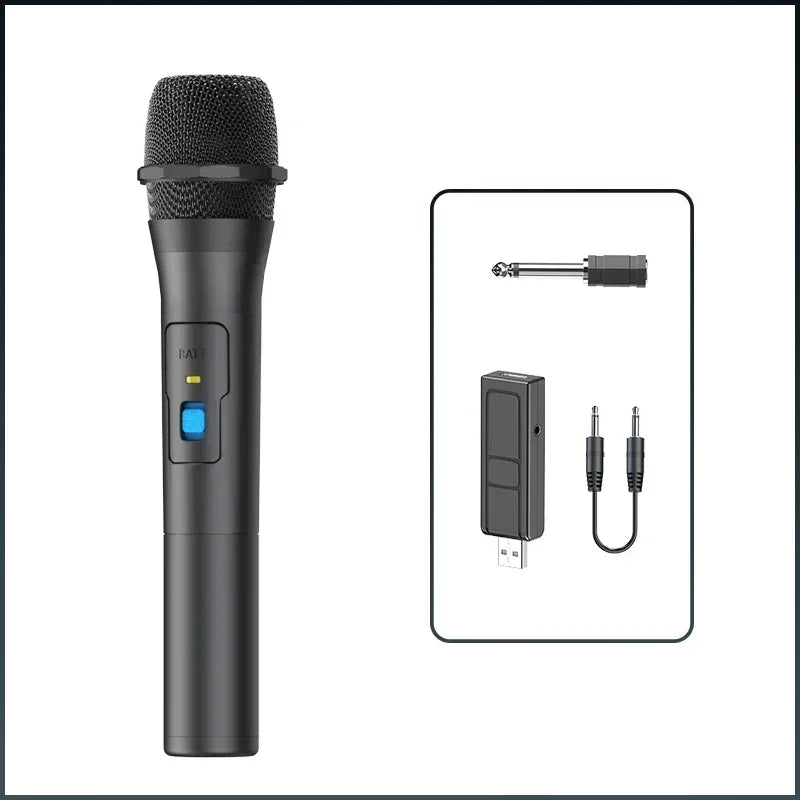 Black wireless microphone with mesh grille and blue power button for receiver handheld karaoke and home party smart use