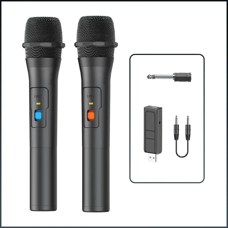 Black wireless handheld microphones with mesh grilles and blue and orange buttons for receiver handheld karaoke and home party smart use