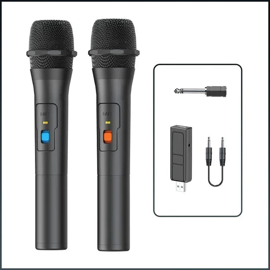 Black wireless handheld microphones with mesh grilles and blue and orange buttons for home party smart karaoke use