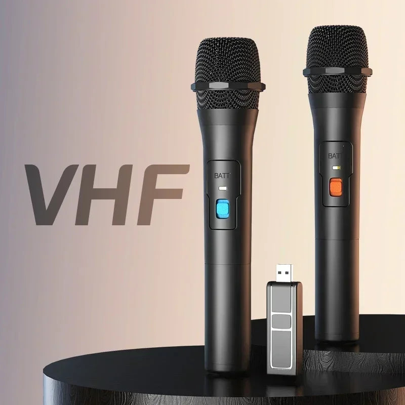 Black wireless handheld microphones with mesh grilles and blue orange power indicators with usb receiver for home party smart use