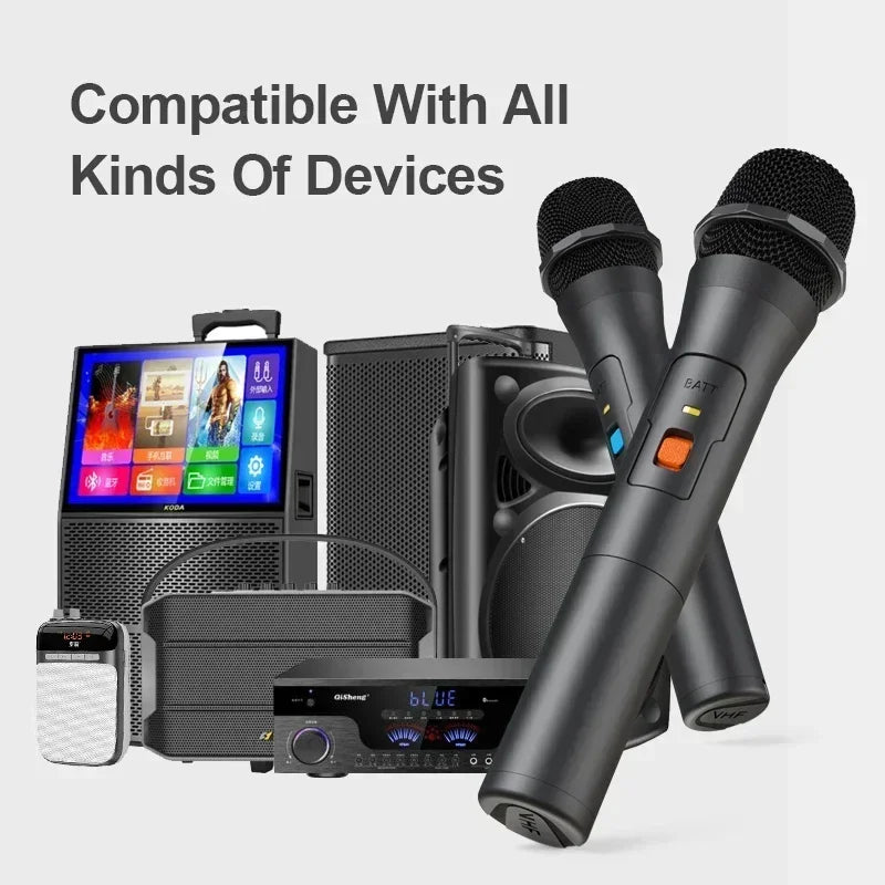 Black wireless microphones with textured grips and colored indicator lights for receiver handheld karaoke home party smart use