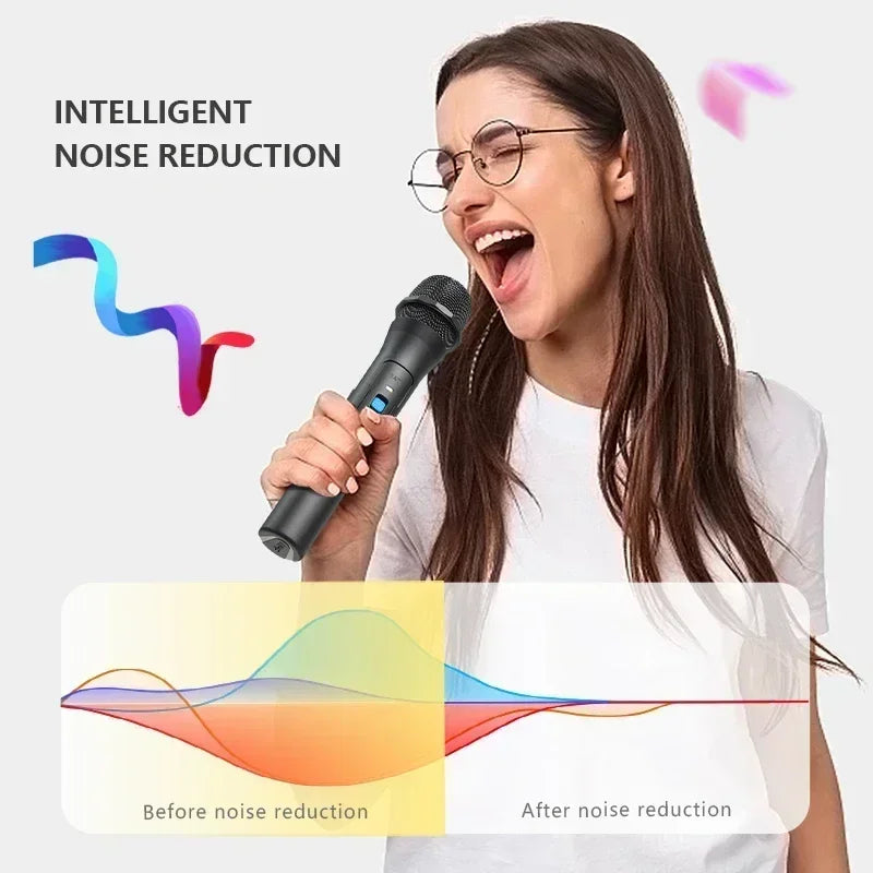 Black wireless handheld microphone with blue button and metallic grille for receiver handheld karaoke and home party smart use