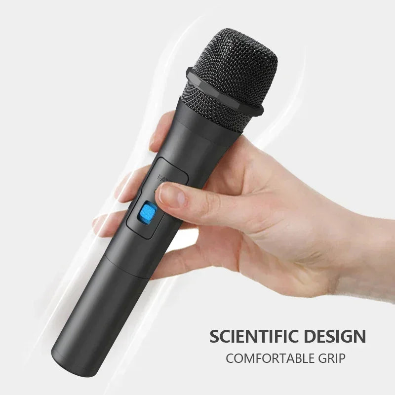 Black wireless microphone with textured grille and blue power button for receiver handheld karaoke and home party smart use