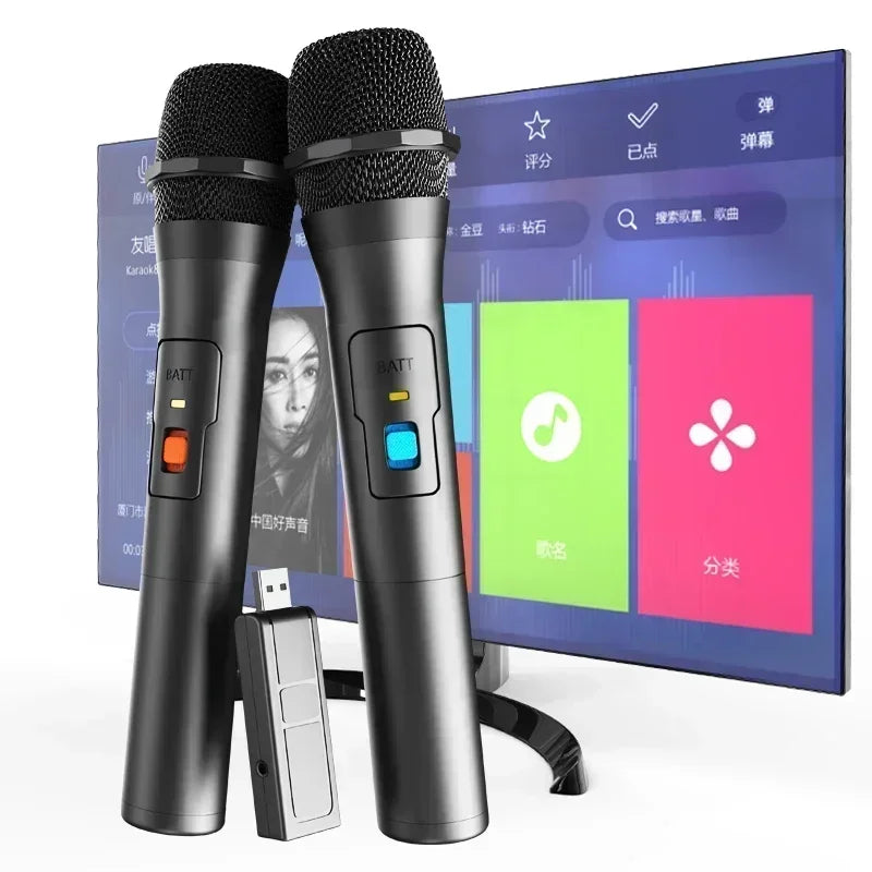 Two black wireless microphones with textured grips and colored buttons with usb receiver for home party smart karaoke