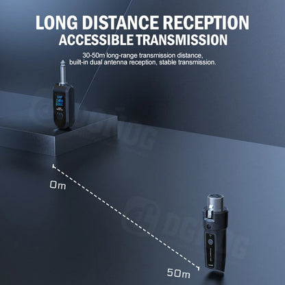 Black uhf wireless microphone receiver with digital display and dual antenna for dynamic microphone and guitar audio mixer system