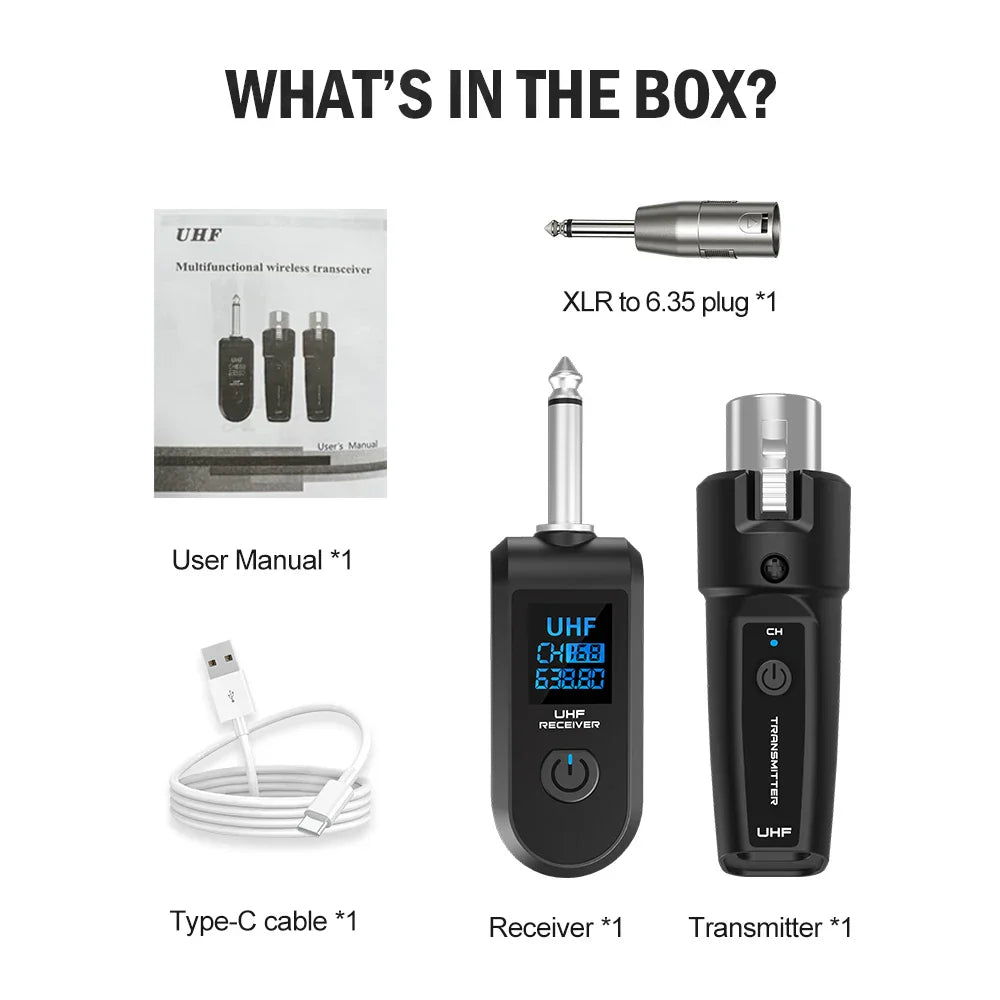 Black uhf wireless microphone transmitter and receiver set with digital displays and uhf xlr adapter for dynamic microphone guitar use